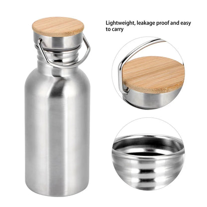 304 Stainless Steel 500Ml/750Ml Water Bottle Portable Wide Mouth Design Water Jug Wooden Lid Rustless Cycling Water Bottle