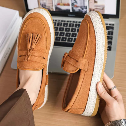 Men Slip On Tassel Loafers, Spliced Fabric Espadrille Shoes Woven Hemp Thick Flat Sole For Daily Driving Street Casual Wear