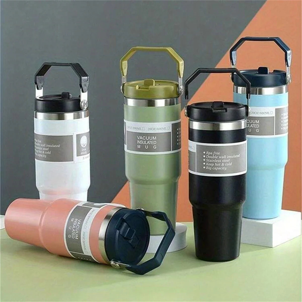 20/30oz Vacuum Insulated Tumbler with Lid: Stainless Steel Portable Cup with Dazzling Tote Handle for Hot & Cold Drinks