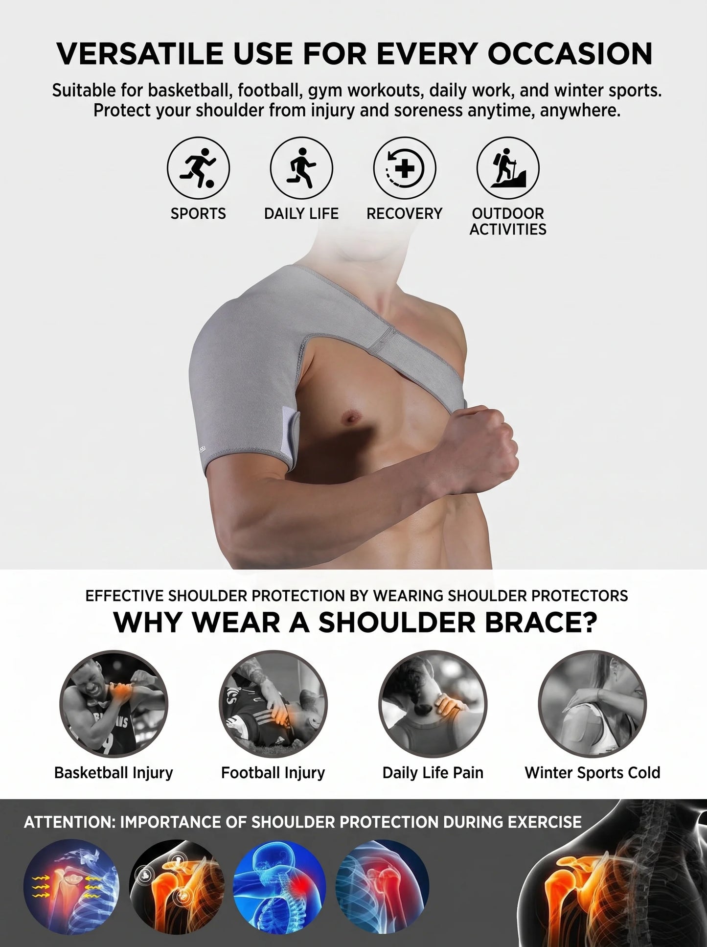 VBOSI Adjustable Compression Shoulder Support Brace Breathable Sports Shoulder Wrap for Men Women Gym Basketball Pain Relief Inj