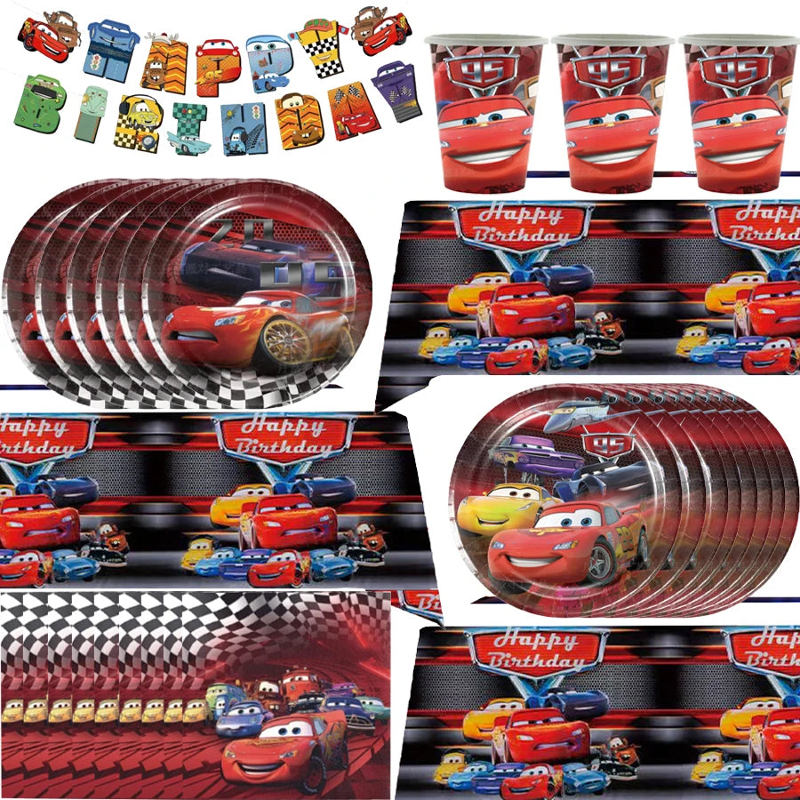 Cars Lightning McQueen Birthday Tableware Set Paper Cups Plates Tablecloth Napkins Banner Gift Bags Festive Event Essentials