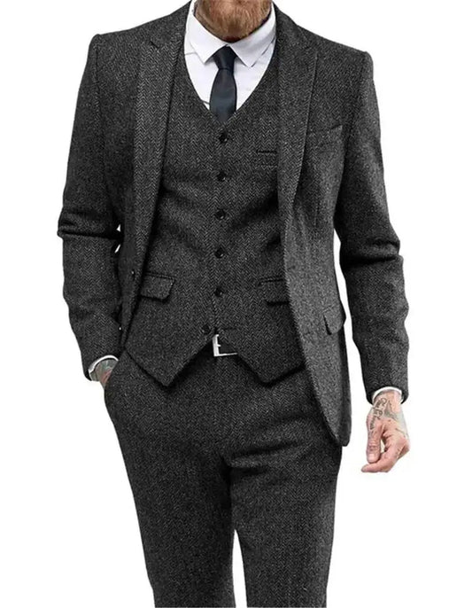 Dark Gray Men‘s Suits 3 Pieces Woolen Tweed Herringbone Business Retro Classic PatternTuxedos for Wedding Blazer Pants Vest