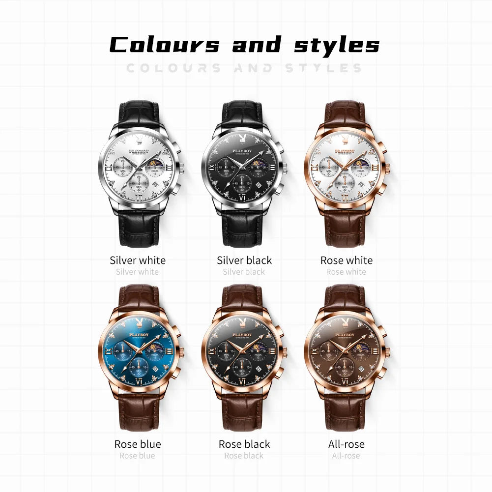 PLAYBOY 3035 Brand original authentic watches for man luxury Gift Box fashion Belt chronograph calendar quartz men's watch