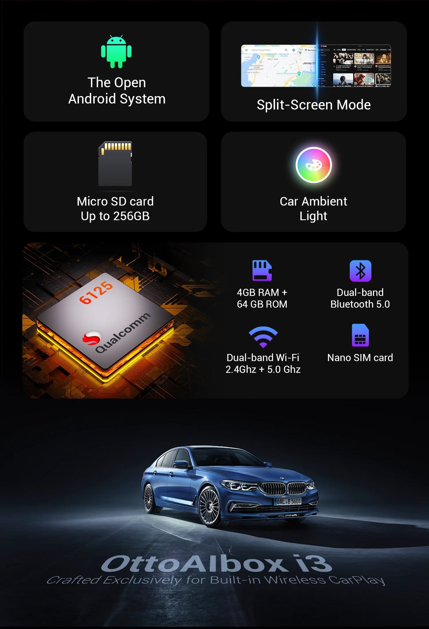 OTTOCAST i3 Carplay Ai Box Wireless CarPlay Adapter Android 13 QCM 6125 Play Store Netflix Youtube Video Box for BMW MG Hyundai