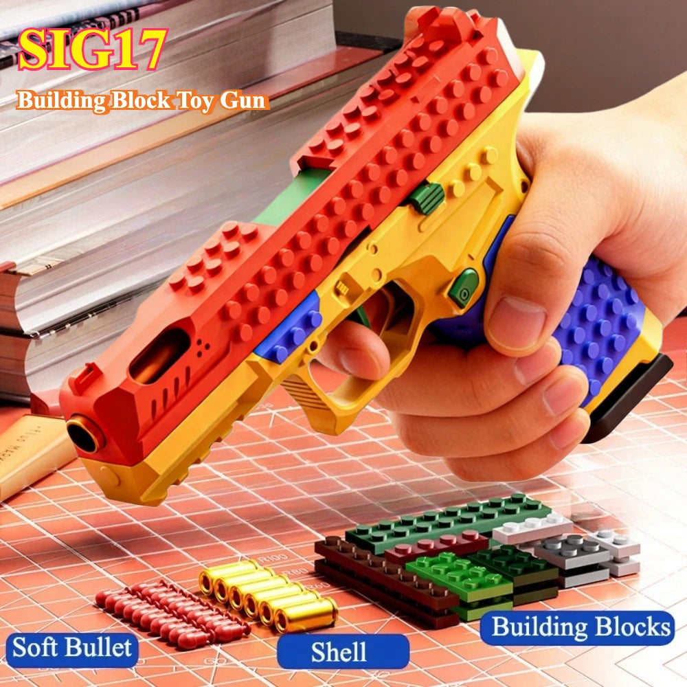 SIG17 Hanging Toy Gun Continuous Firing Building Block Pistol Shell Throwing Airsoft Blowback Toy Outdoor Shooting for Children