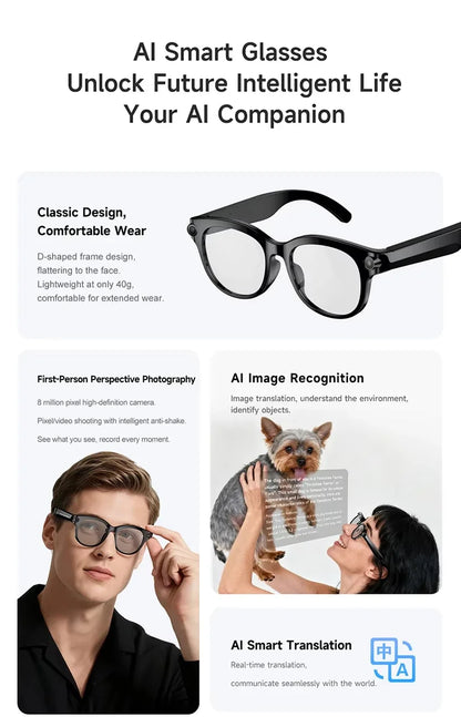 Lenovo AI Smart Sunglasses 8K HD 1600W Dual Camera Real Time Translation Bluetooth Calling Audio Video Music Playback Glasses
