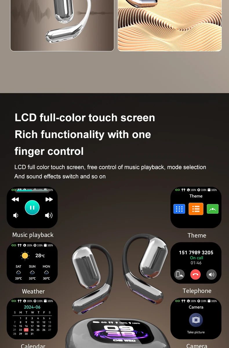 AI Translating Earbuds Real-time 144 Languages Translation Earphone Touch LCD Screen OWS Open Ear Wireless Headphone HiFi Stereo
