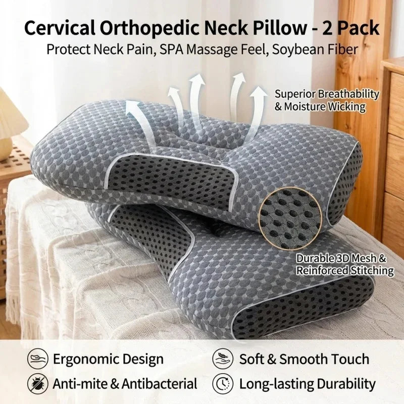 2PCS Soybean Fiber Neck Pillow Grey Cervical Support Orthopedic Massage Pillow Comfort Sleep Pillow Home Rest Decor