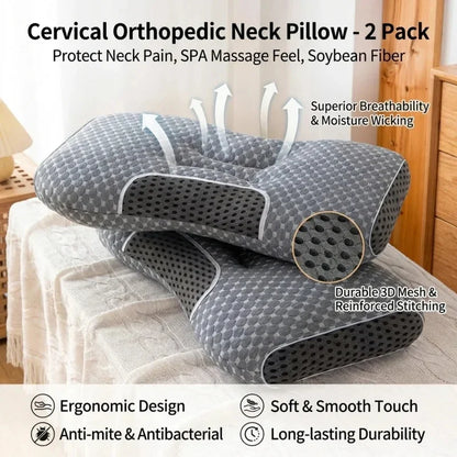 2PCS Soybean Fiber Neck Pillow Grey Cervical Support Orthopedic Massage Pillow Comfort Sleep Pillow Home Rest Decor