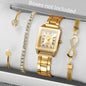 4PCS Elegant Women Square Roma Dial Quartz Watch Diamond Bracelets Set Luxury Alloy Strap Ladies Wristwatches (Without Box)