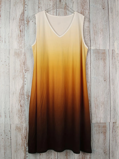 Plus Size Gradient Color Print Dress Vacation V Neck Tank Dress For Spring & Summer Women's Plus Size Clothing Sleeveless Dress