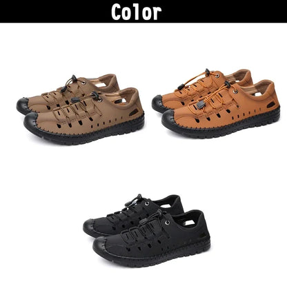 Men's Summer New Hollow out Breathable Leather Sandals Outdoor Anti-Slip Soft Bottom Casual Cover Toe Slip-On Shoes-8025