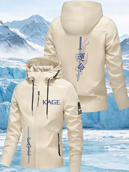 Men's Katana "Unmei" Print Hooded Jacket – Outdoor Windbreaker, Waterproof & Windproof, Spring/Autumn Workwear Coat