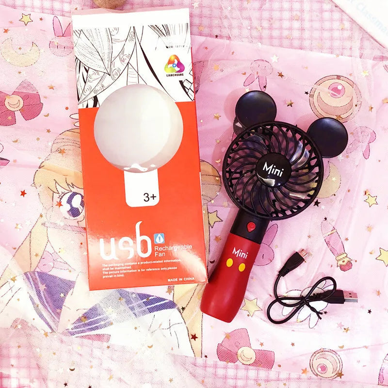 Handheld USB Charging Fan Cartoon Anime Character Mickey Mouse Shaped Desktop Electric Fan Kawaii Night Light Fan Toys Gif