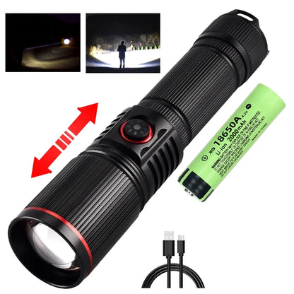 Aluminum Alloy White Laser Powerful LEP Flashlight 18650 or 21700 Battery Zoom Torch Light Lamp with Tail Rope Power Indicator