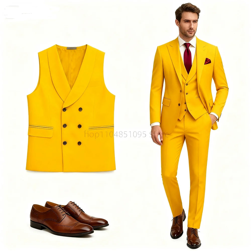 High Quality 3 Piece Yellow Men Suits Peak Lapel Slim Fit Men Clothing Elegant Wedding Jacket Vest Pants Sets for Business Party