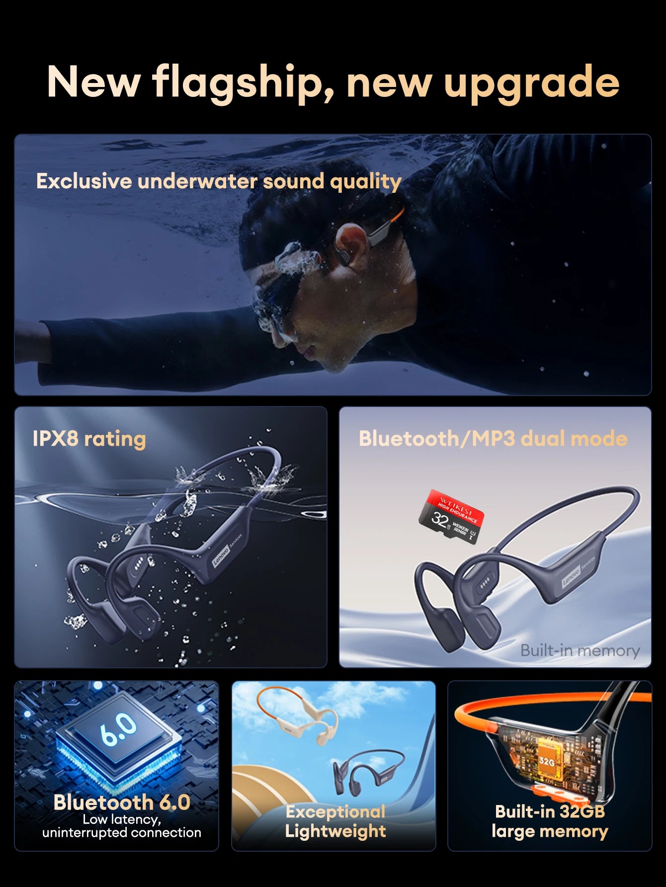Lenovo S106 True Bone Conduction Wireless Earphones Bluetooth 6.0 IPX8 Swimming Headphones Waterproof Sports Cycling Headset New