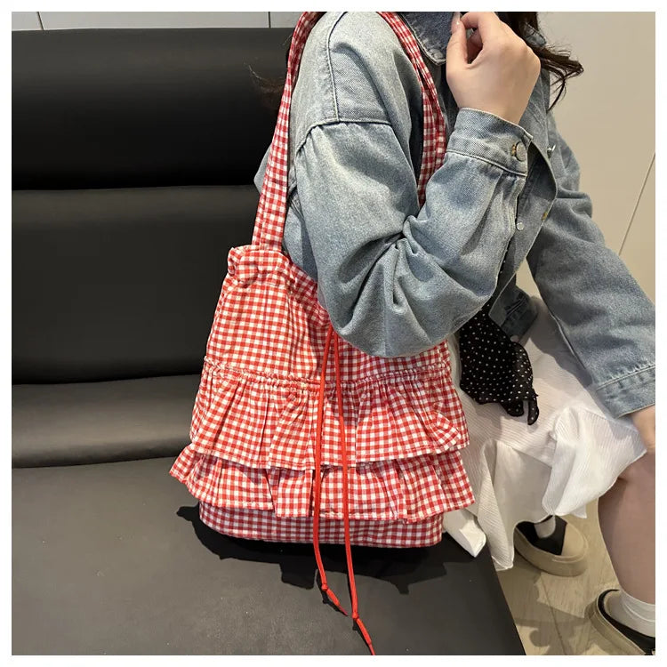 Cute Plaid Cotton Tote Bag Large Capaci Lace Trim Women's Summer 2026 Simple Lady Handbag Soft Shoulder Bags Bolsa Feminina