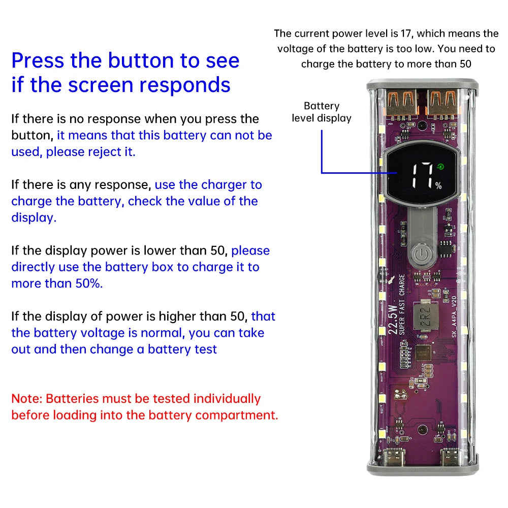 22.5W/45W 18650 Power Bank Case Fast Charging DIY Transparent Battery Storage Box Digital Display USB Type-C Battery Holder