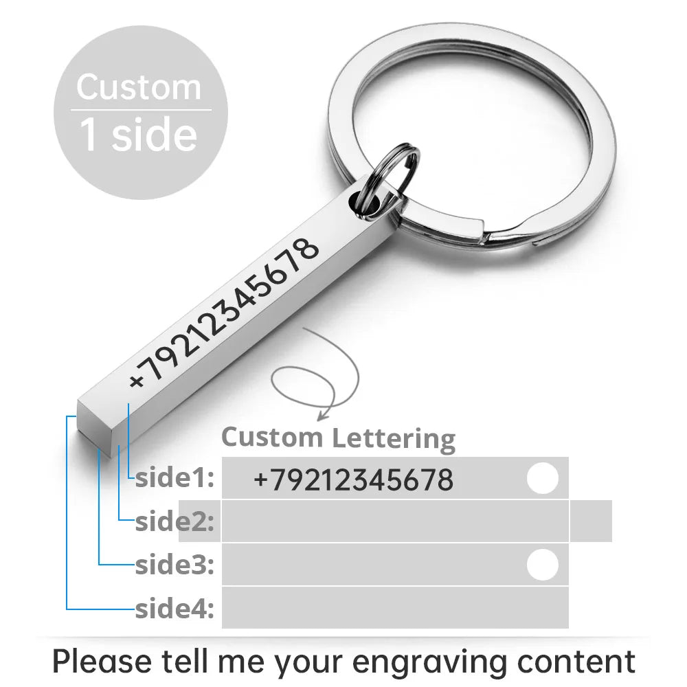 Personalize Keychains 3D Bar Stainless Steel Keyrings 4 Sides Engrave Text Name Date Logo Custom Key Chains Rings Love Gift P039