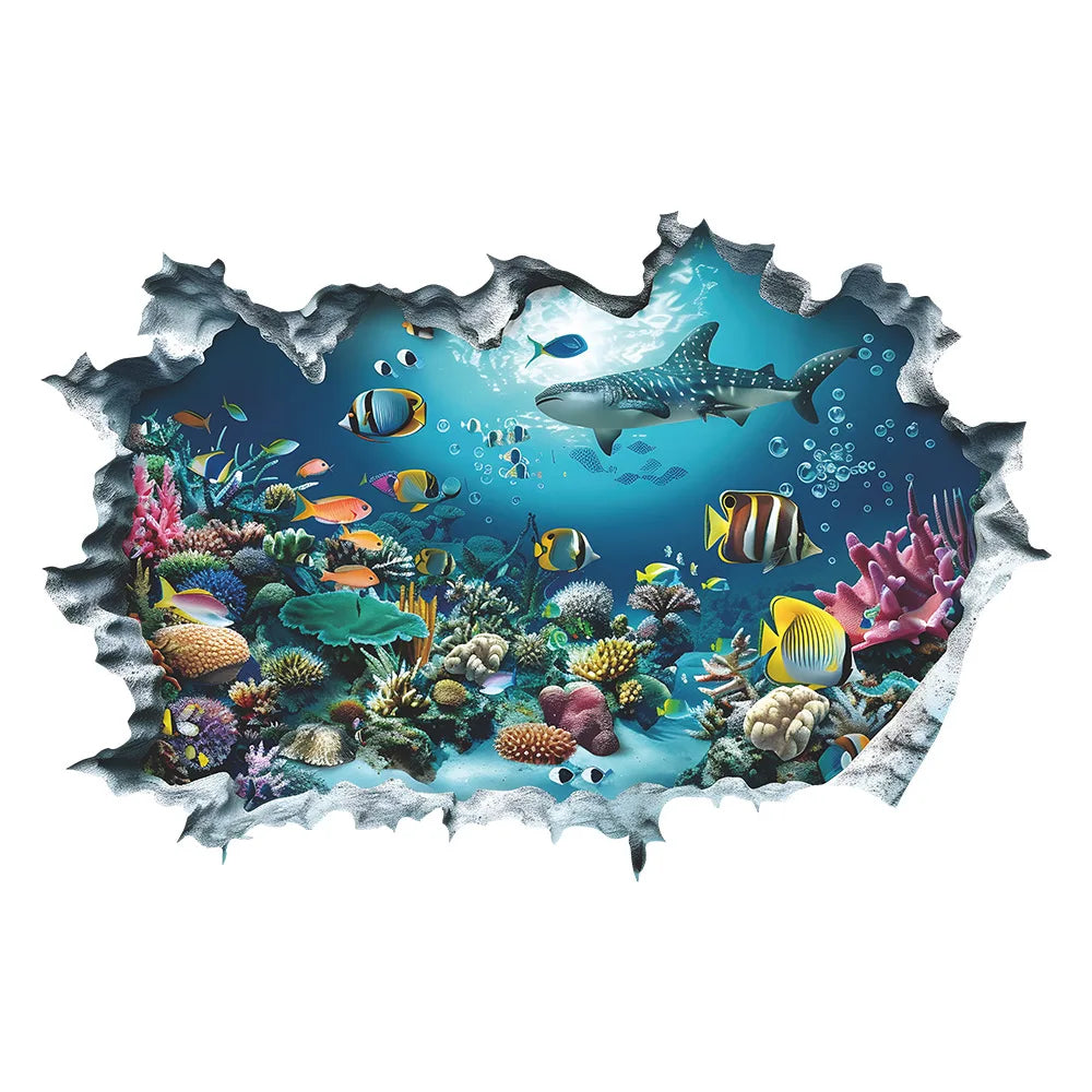 New 3D Wall Stickers Shark Broken Wall Aquarium Ocean Wall Stickers for Kids Rooms Bathroom Kitchen Home Decor Cartoon