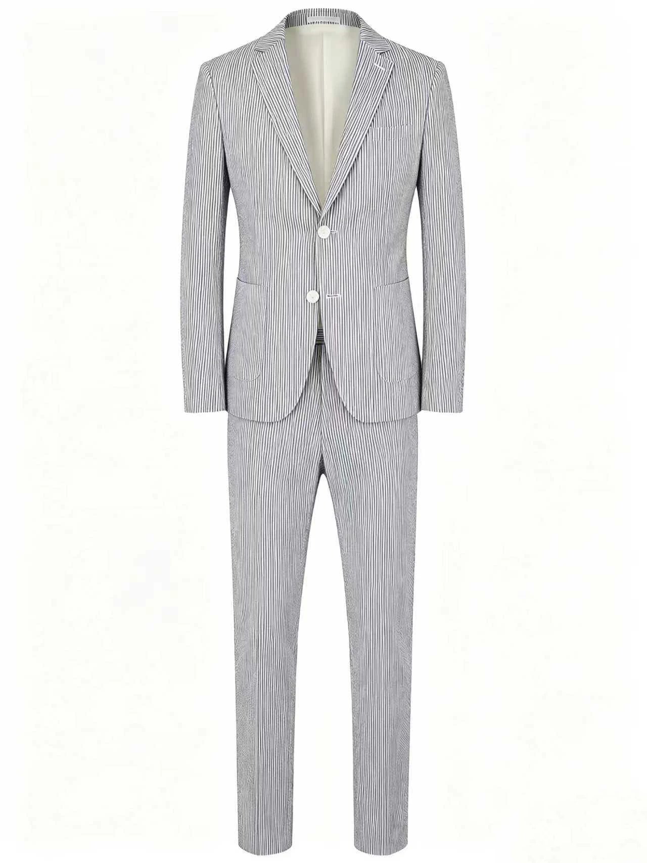 Men Summer Striped Seersucker 2 Piece Suit Wrinkle Free Light Blazer Trousers All Match Gentleman Daily Outfit