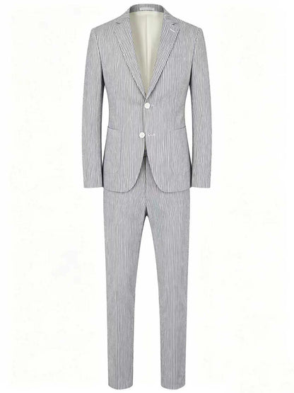 Men Summer Striped Seersucker 2 Piece Suit Wrinkle Free Light Blazer Trousers All Match Gentleman Daily Outfit