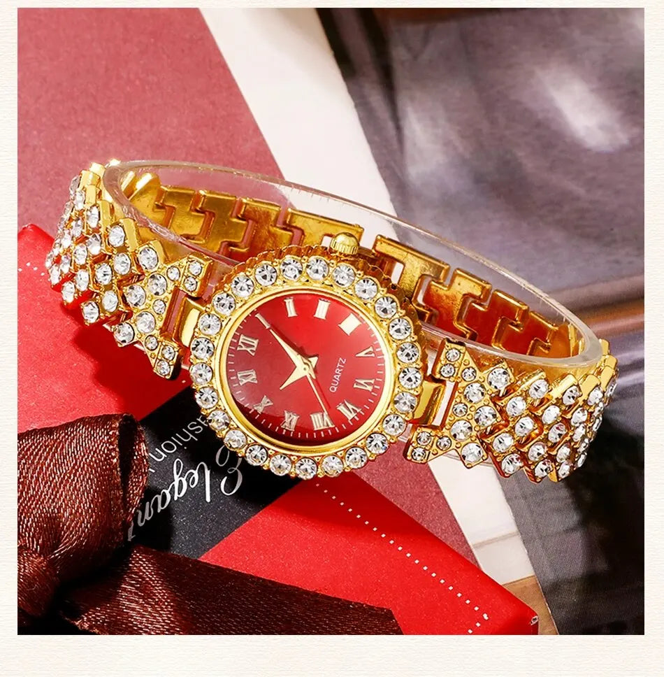 Golden Luxury Watch Women Ring Necklace Earring Rhinestone Fashion Wristwatch Casual Ladies Bracelet Watches Jewelry Set