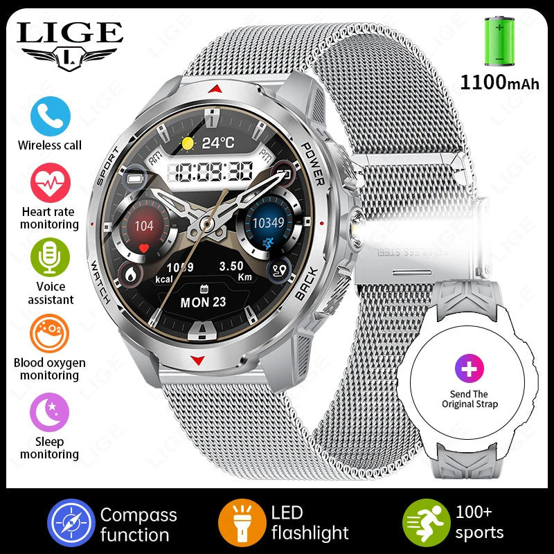LIGE 1100mAh Military Outdoor Smart Watch Men 1.7" Large Display Compass Sports Watch IP68 Waterproof Bluetooth Call Smartwatch