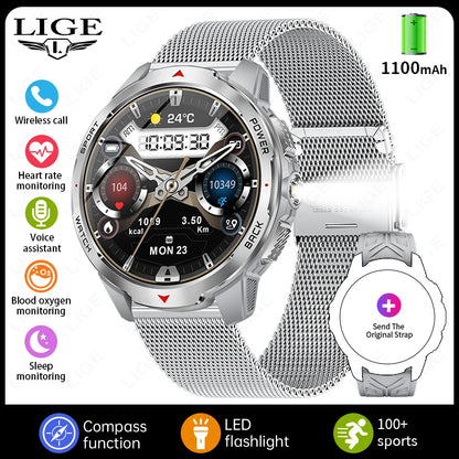 LIGE 1100mAh Military Outdoor Smart Watch Men 1.7" Large Display Compass Sports Watch IP68 Waterproof Bluetooth Call Smartwatch