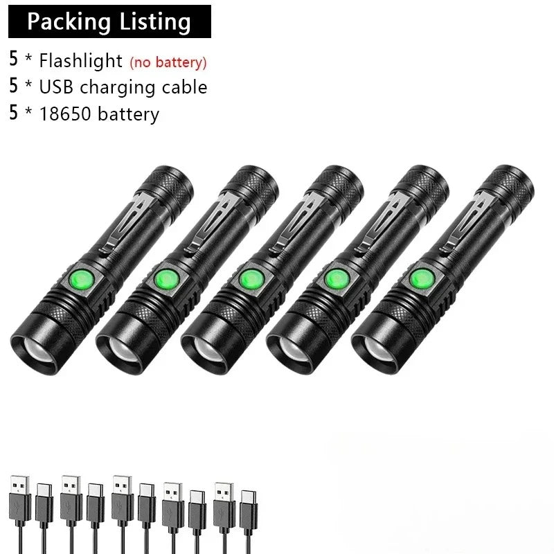 Aluminum Alloy Portable Torch Powerful LED Flashlight USB ReChargeable Outdoor Tactical Zoom Camping Waterproof Flash Light