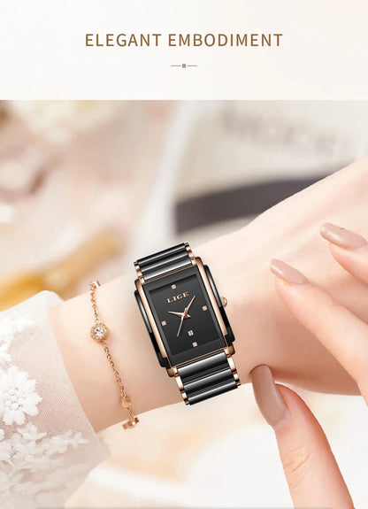 LIGE Creative Square Watch For Women Fashion Elegant Women's Bracelet Watch Stainless Steel Waterproof Date Quartz Wristwatches