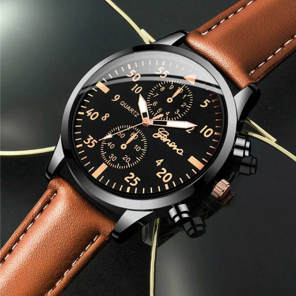 3PCS Fashion Men Business Watches Set Trend Versatile Retro Leather Strap Round Dial Quartz Watch Reloj Hombre（Without Box）