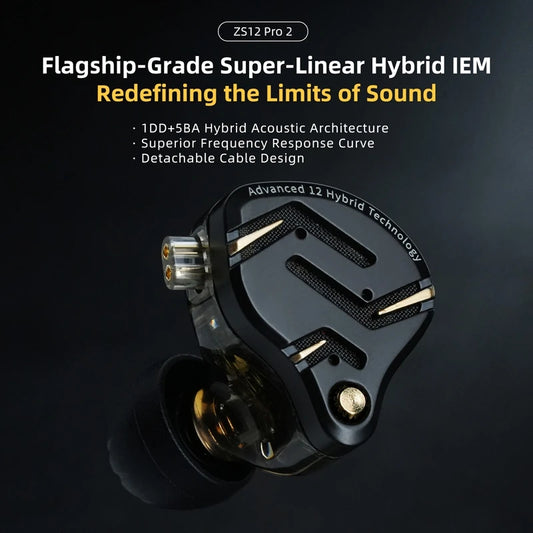 KZ ZS12 PRO 2 Flagship-Grade HiFi IEM Headphones Super-Linear 5BA+1DD Hybrid Detachable Cable Gaming Earphones for Audiophile