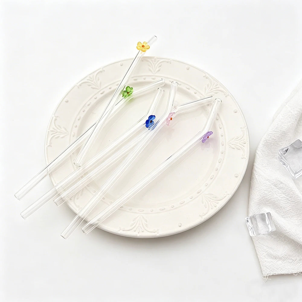 6PCS Reusable Drinking Straws Cute Flower Glass Straws with Cleaning Brush for Coffee Lover Smoothies Frozen Drinks Tea Juice