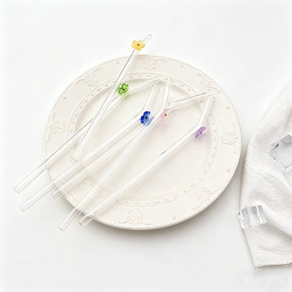 6PCS Reusable Drinking Straws Cute Flower Glass Straws with Cleaning Brush for Coffee Lover Smoothies Frozen Drinks Tea Juice