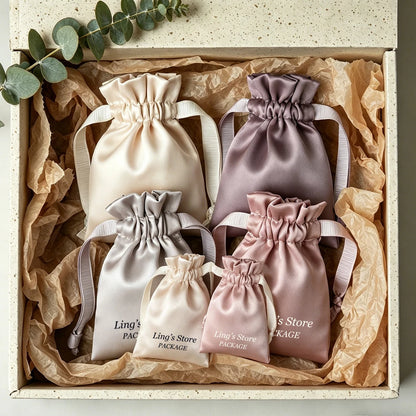 100Pcs Personalized Logo Jewelry Packaging Silk Satin Drawstring Bag Wedding Favors Candy Gift Pouch Ring Bracelet Cosmetic Sack