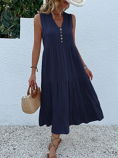 Casual Summer Midi Dress Women Sleeveless Tank V Neck Buttons Ruffle Loose Dresses Beach Soild Sundress Fashion