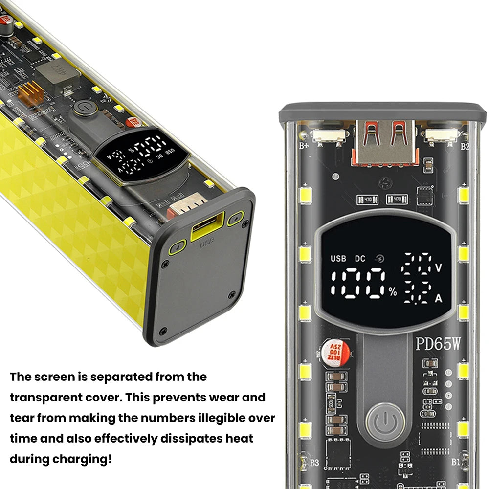 65W PD Fast Charge 8-Cell Solderless 18650 Power Bank Case 3.3-24V Adjustable DC DIY Battery Box LED Display Outdoor Light