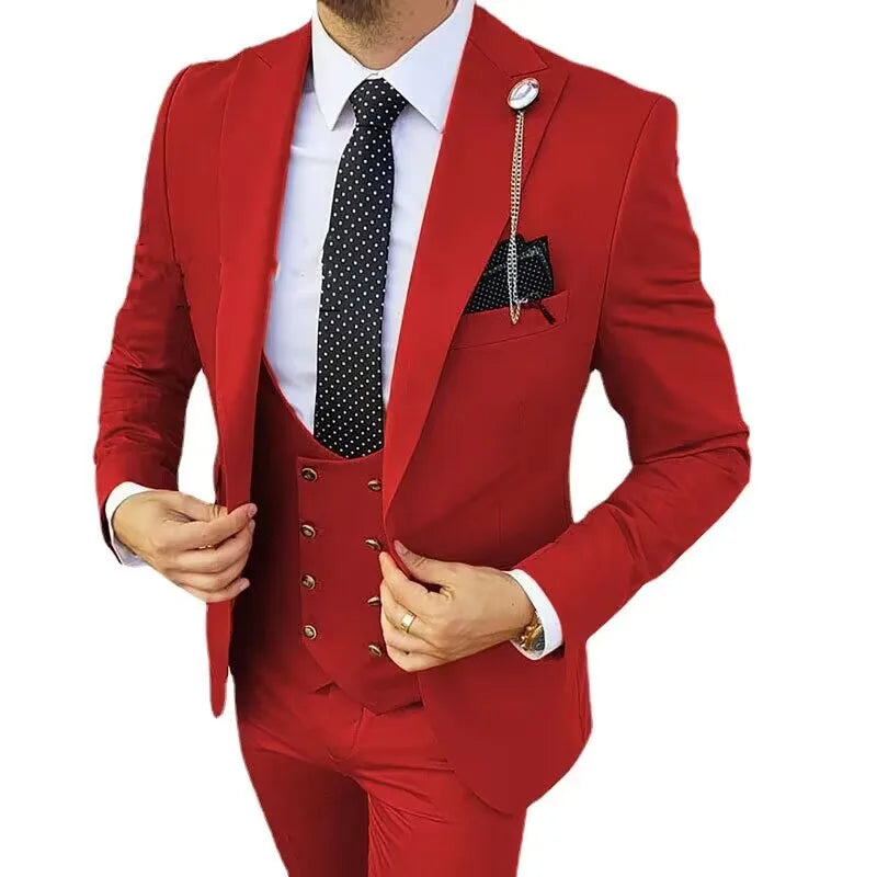 Solid Men's 3 Piece Suit Slim Fit Men Tuxedo Suit Party Wedding Prom Business One Button Peak Lapel Blazer Jacket Vest Pants Set