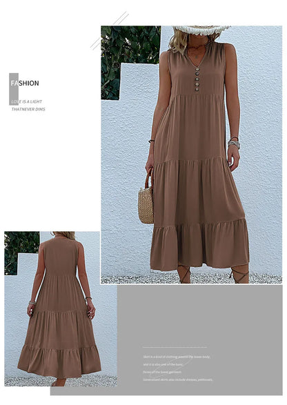 Casual Summer Midi Dress Women Sleeveless Tank V Neck Buttons Ruffle Loose Dresses Beach Soild Sundress Fashion