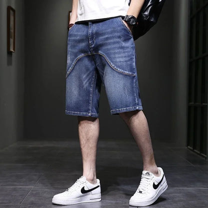 2026 Spliced Denim Short Pants Men Stretch Loose Plus Size Casual Jeans Summer Male Lightweight Comfortable Breathable Shorts