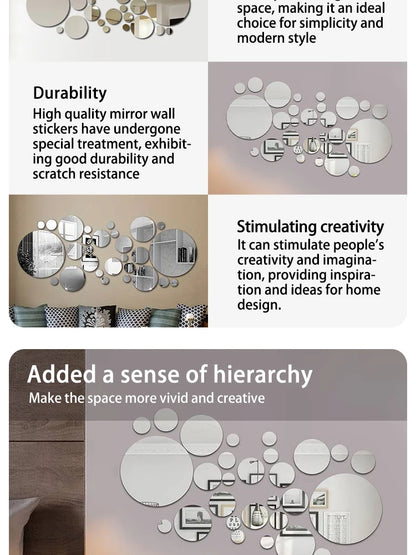 26 PCs 3D Acrylic Mirror Wall Stickers, Round Mirror, DIY Bedroom, Bathroom and TV Backroom Stickers Wall Decoration