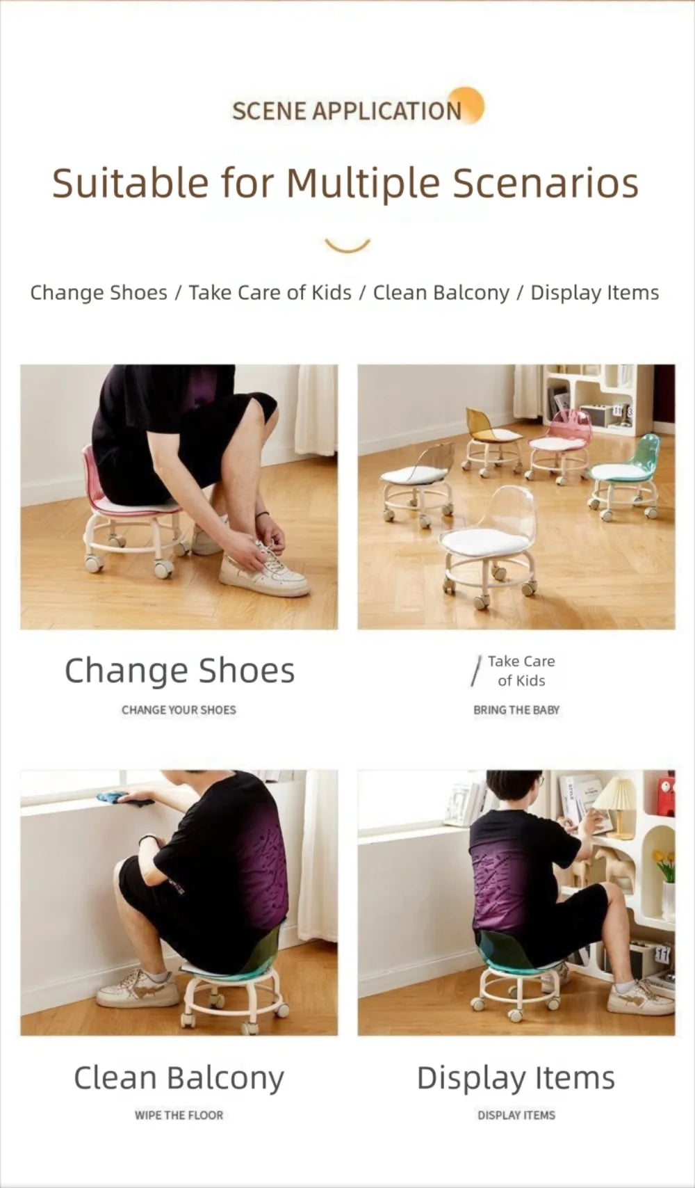 New Transparent Small Stool Universal Wheel Simple Low Chair Multifunctional Noiseless Backrest Seat Household