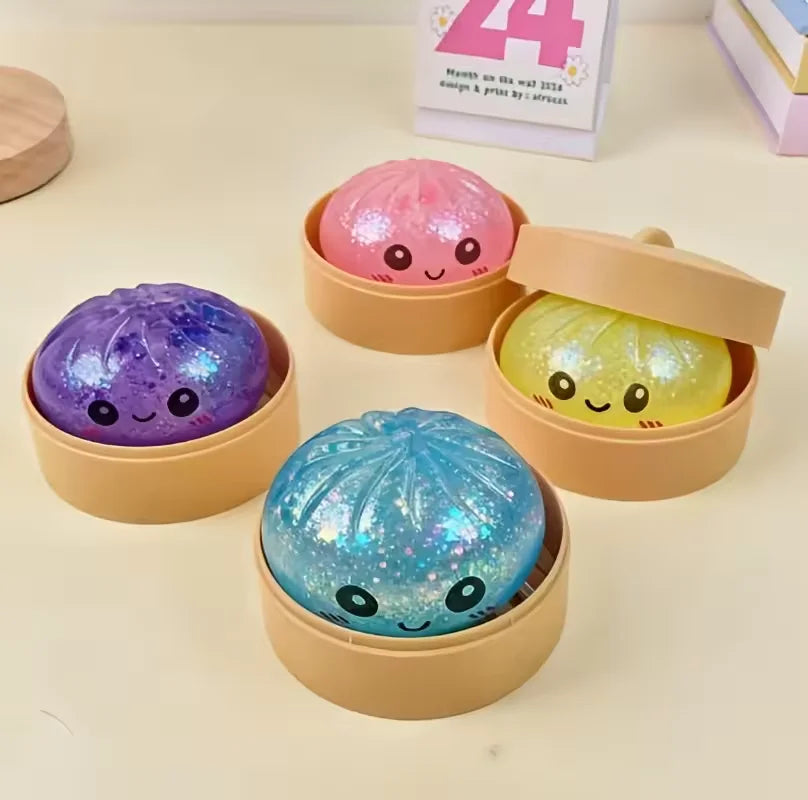 Squishy Glitter Simulation Steamed Bun Toy with Steamer Box Slow Rebound Stress Relief Squeeze Fidget Toy for Teens Adults Gifts