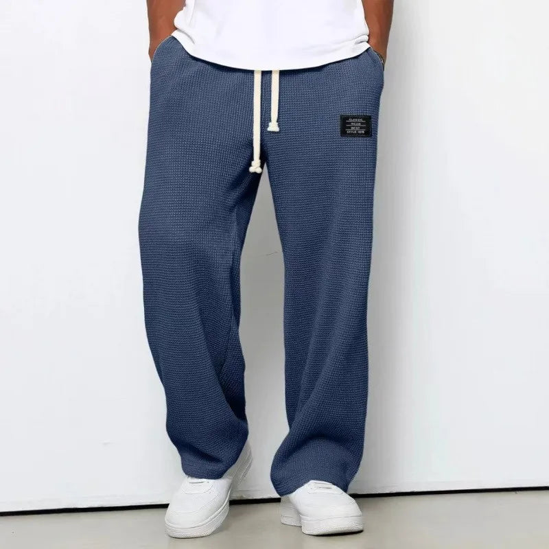 Men Waffle Knit Wide Leg Pants Elastic Drawstring Casual Trousers Loose Streetwear Workout Jogger PantsS-4XL