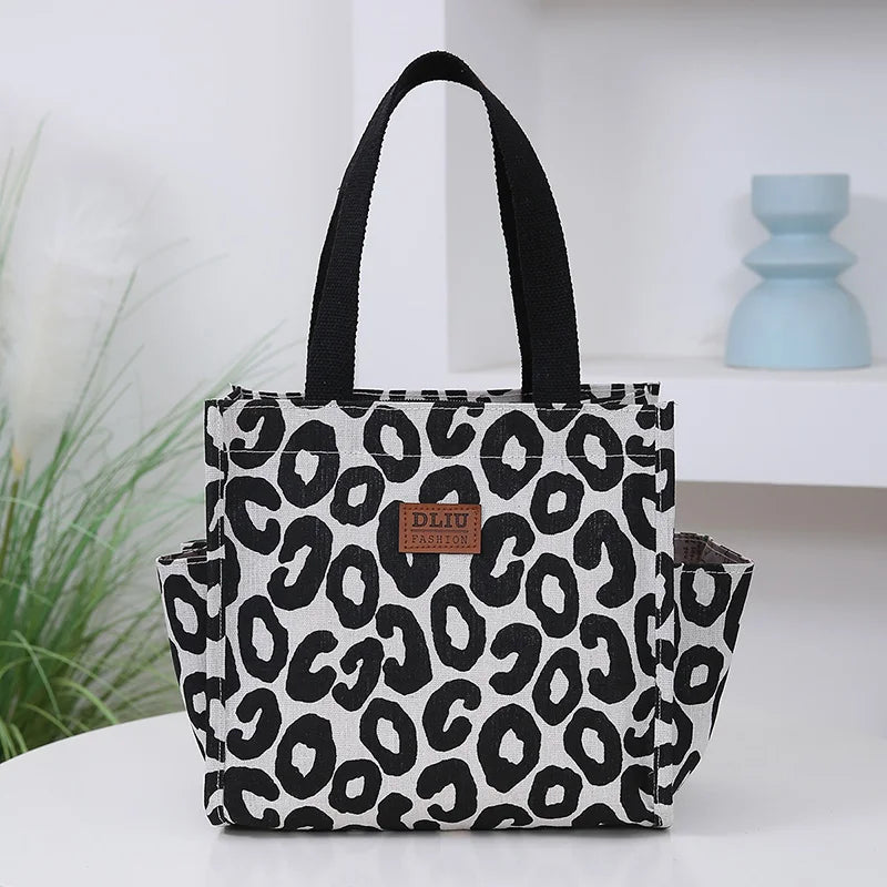 New floral print thickened fabric handbag, lunch bag, portable lunch box storage bag, zipper design, multifunctional tote