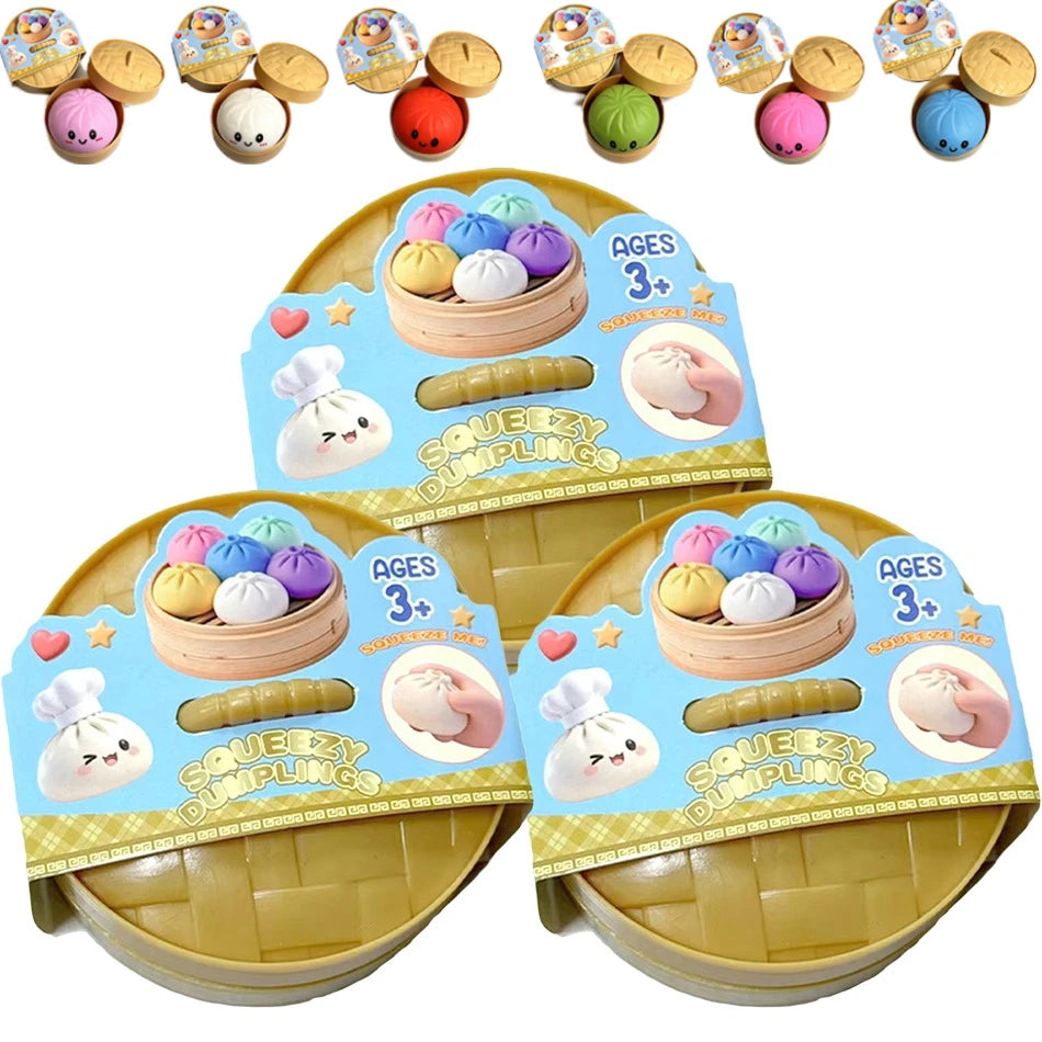 Colorful Dumpling Squishes Stress Balls Fidget Sensory Toys Simulation Food Squishies Bun with Steamer Squeeze Dough Ball Gifts