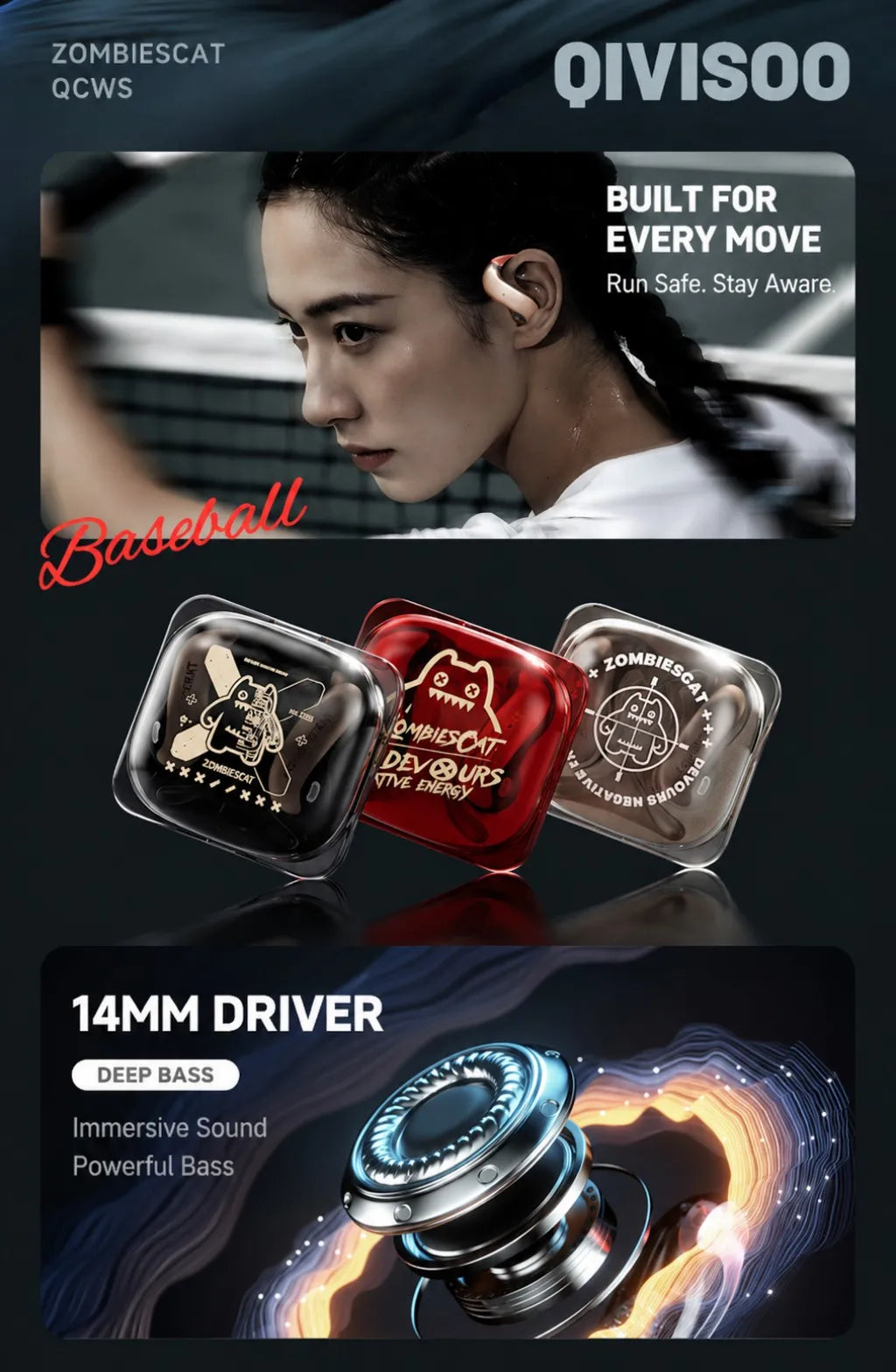 ZOMBIECAT B22 Open Ear Wireless Earbuds Bluetooth 6.0 14mm Driver Sport Headphones LED Light AI Translation for Running Cycling