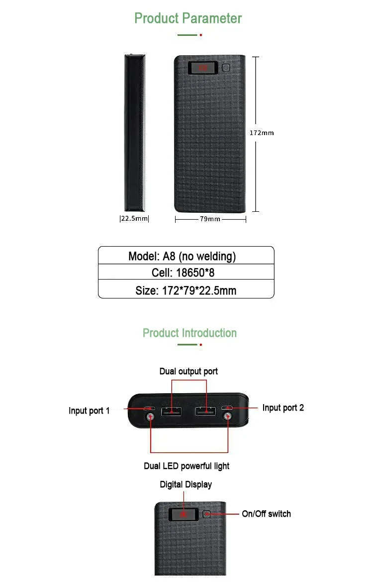 8×18650 Battery Box LED Power Bank Shell Case Dual USB Charging Storage Box Portable Battery Holder Mobile Phone Charger Case